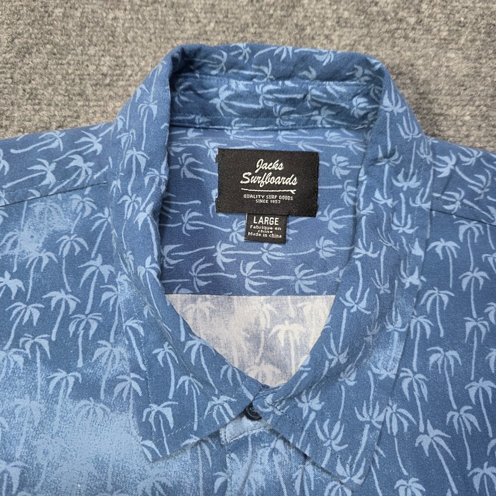 Jacks Surfboards Men's Blue Palm Tree Aloha‎ Shirt Large Short Sleeve Cotton L